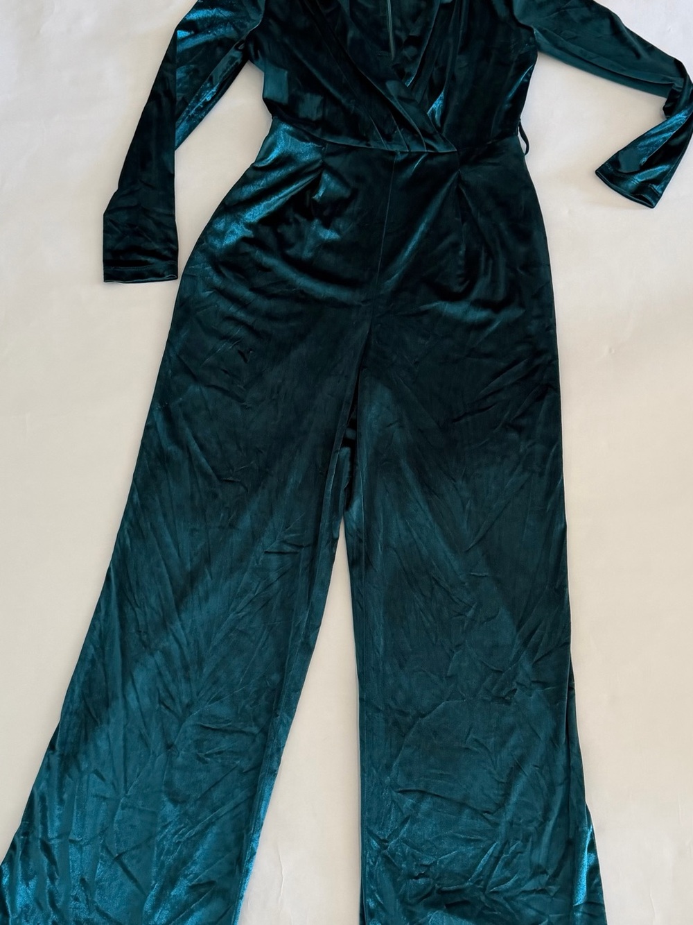 Donna Karan Teal velvet Wrap-Front Wide-Leg Jumpsuit - Picture 9 of 9